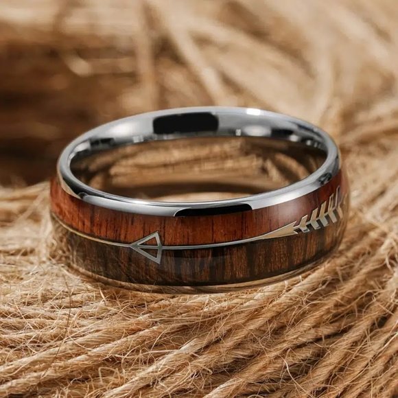 Handsome Men's Outdoorsmen Wood Inlaid Brown Silver Arrow Titanium Ring Sz 10 - Picture 2 of 3